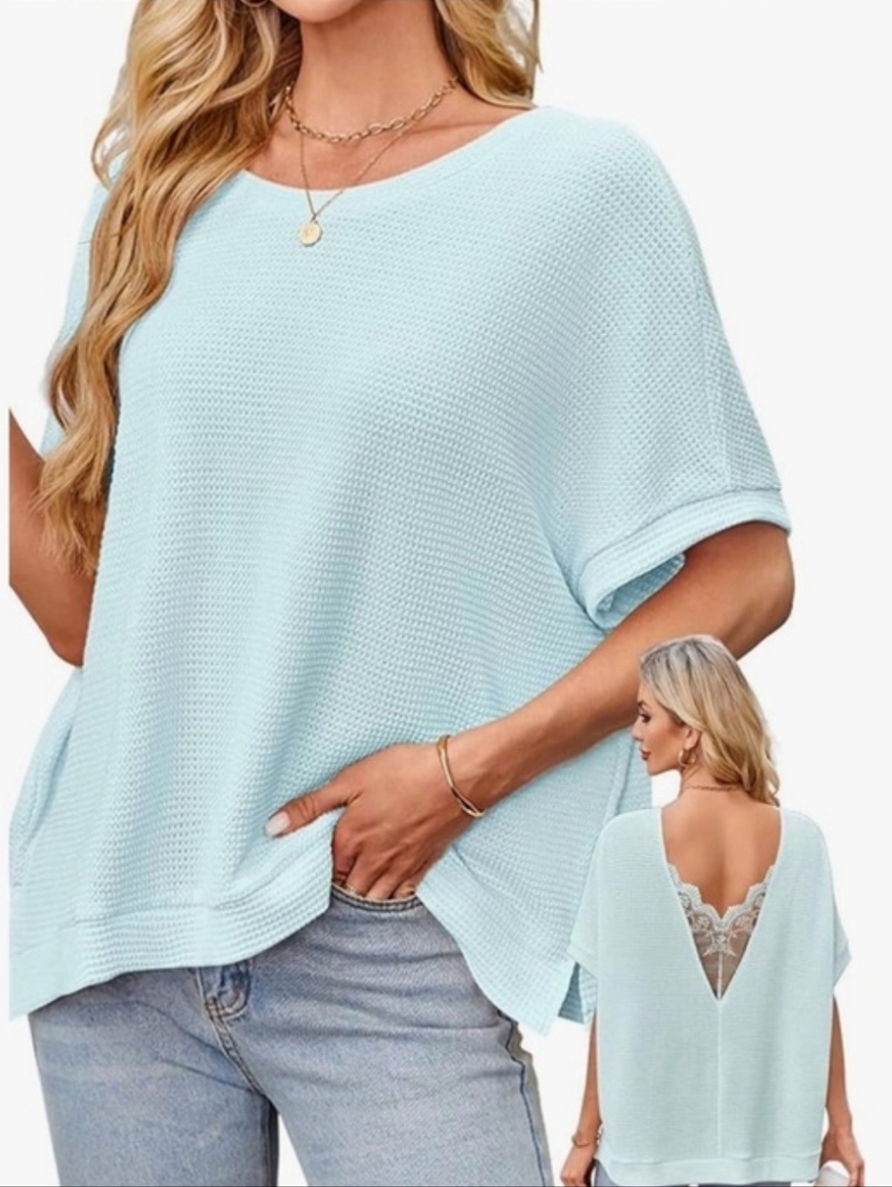 Falechay Casual Short Sleeve Waffle Knit Back-V Lace Oversized Loose Fit Tunic
